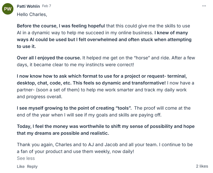 Patti Wohlin testimonial